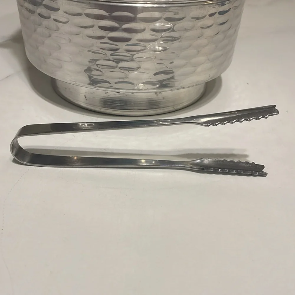 1950’s hammered aluminum ice bucket with lid, handle & tongs. NASCO Italy